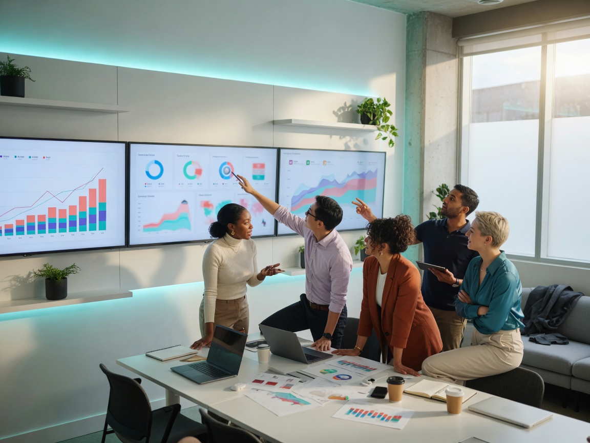 Brand marketing team reviewing real-time commerce performance on large displays